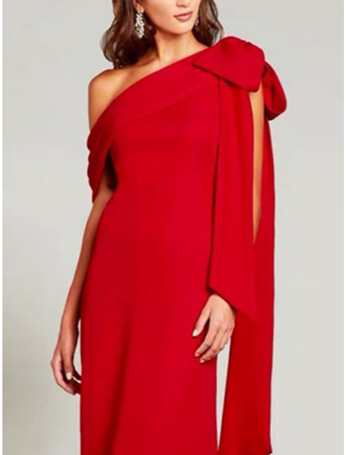 Green Sheath / Column Evening Gown Elegant Dress Formal Sweep / Brush Train Christmas Red Dress Short Sleeve One Shoulder Charmeuse with Bow(s) Pleats Slit