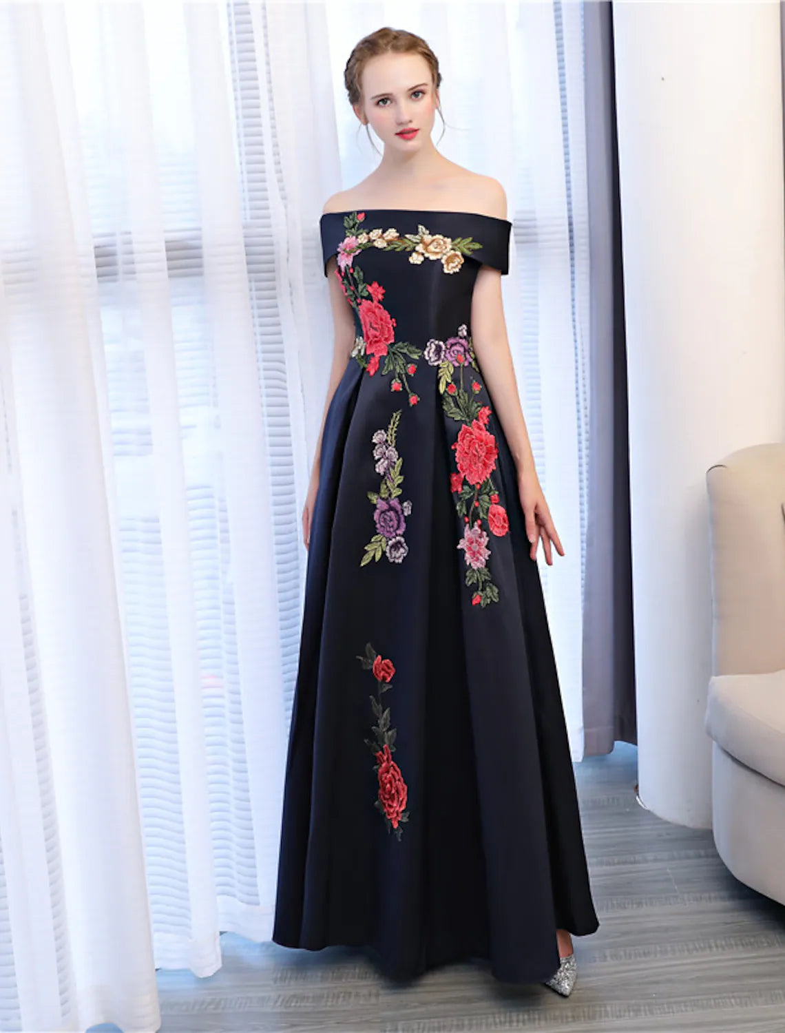 Floral Dress Wedding Guest Floor Length Sleeveless Off Shoulder with Embroidery Appliques