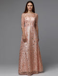 Floral Dress Wedding Guest Floor Length 3/4 Length Sleeve Illusion Neck with Pattern / Print Appliques