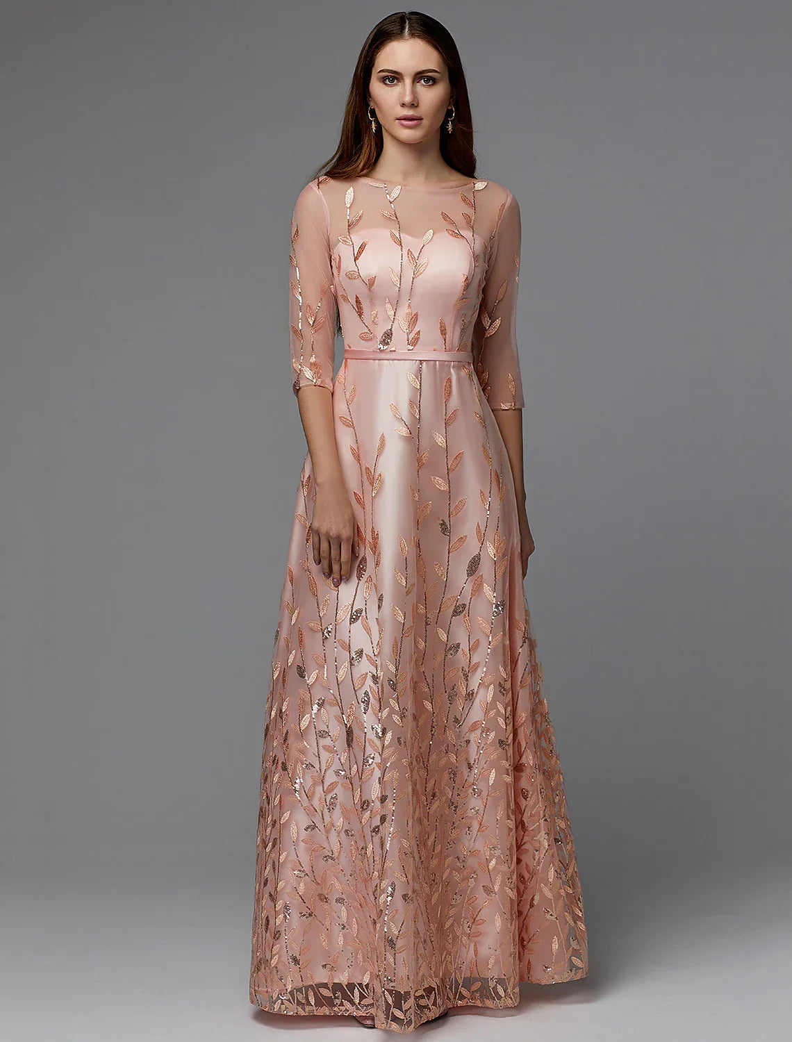 Floral Dress Wedding Guest Floor Length 3/4 Length Sleeve Illusion Neck with Pattern / Print Appliques