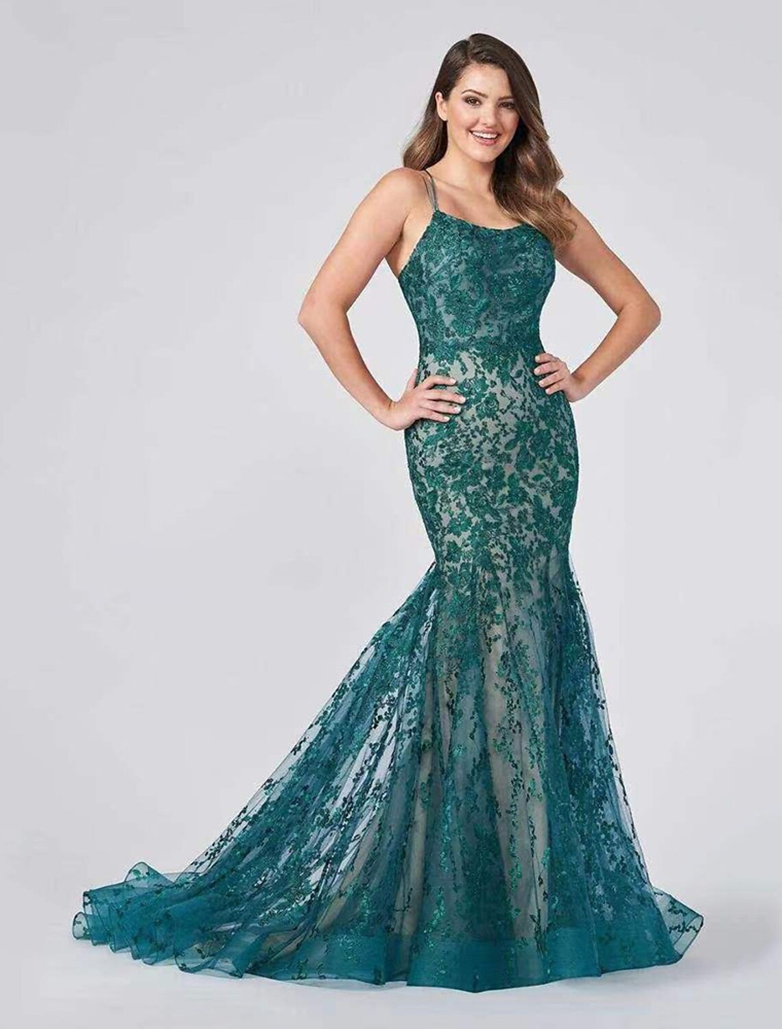 Evening Gown Color Block Dress Formal Court Train Sleeveless Strap Backless with Appliques