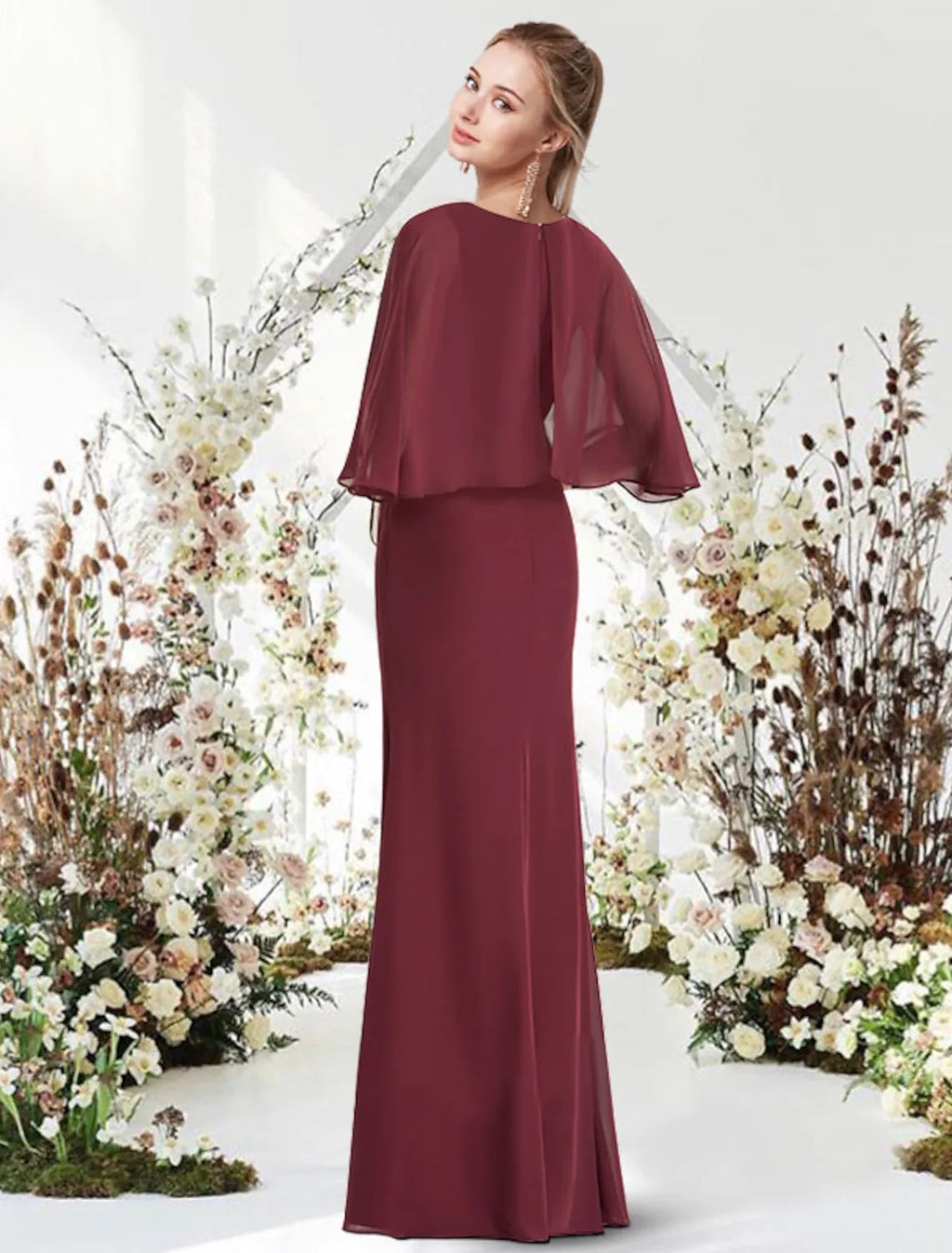 Engagement Formal Evening Dress Jewel Neck Half Sleeve Floor Length with Sash Ribbon