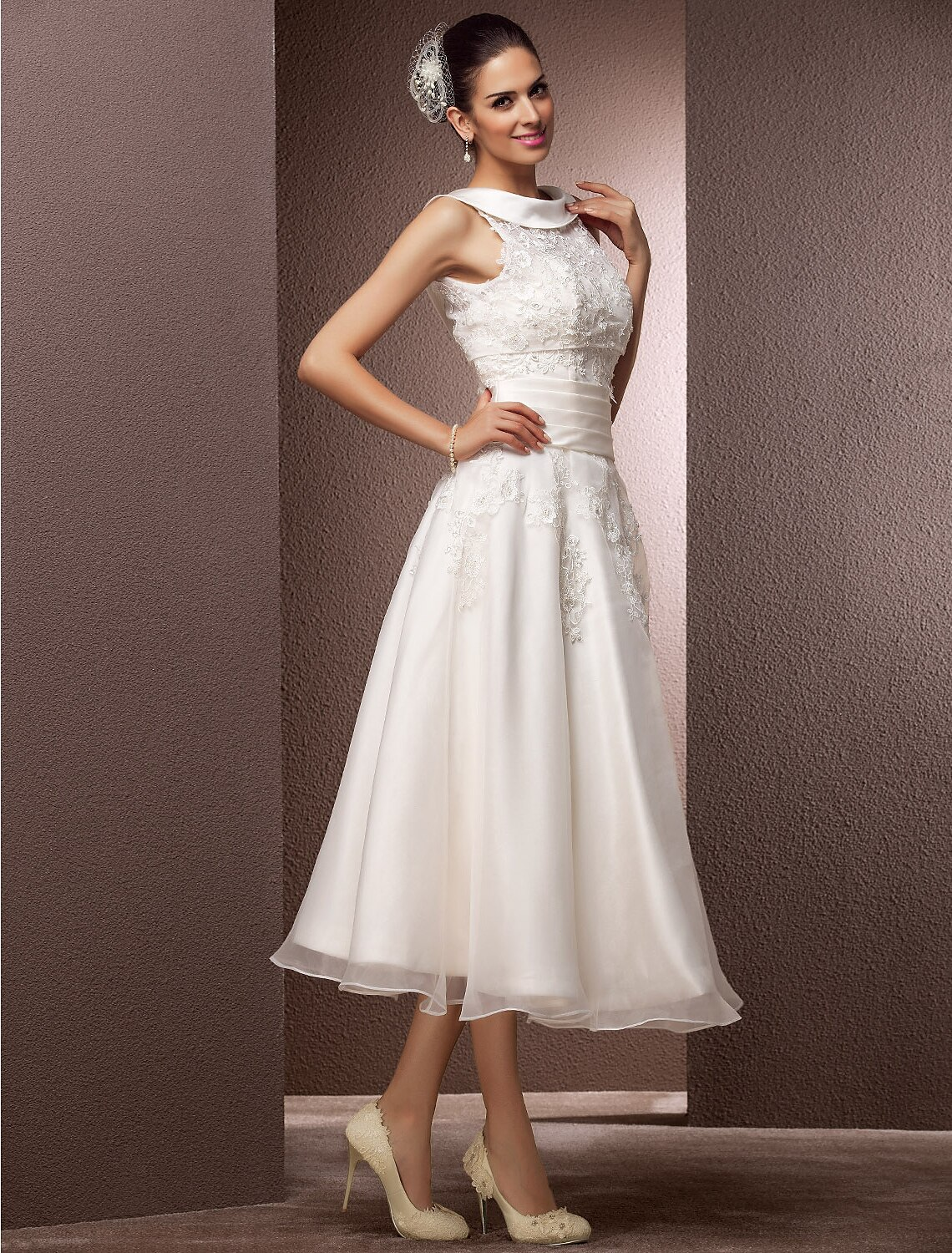 Hall Wedding Dresses Tea Length A-Line Regular Straps Bateau Neck With Pearl Beading