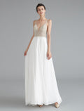 Evening Gown Dress Engagement Floor Length Sleeveless V Neck V Back with Beading