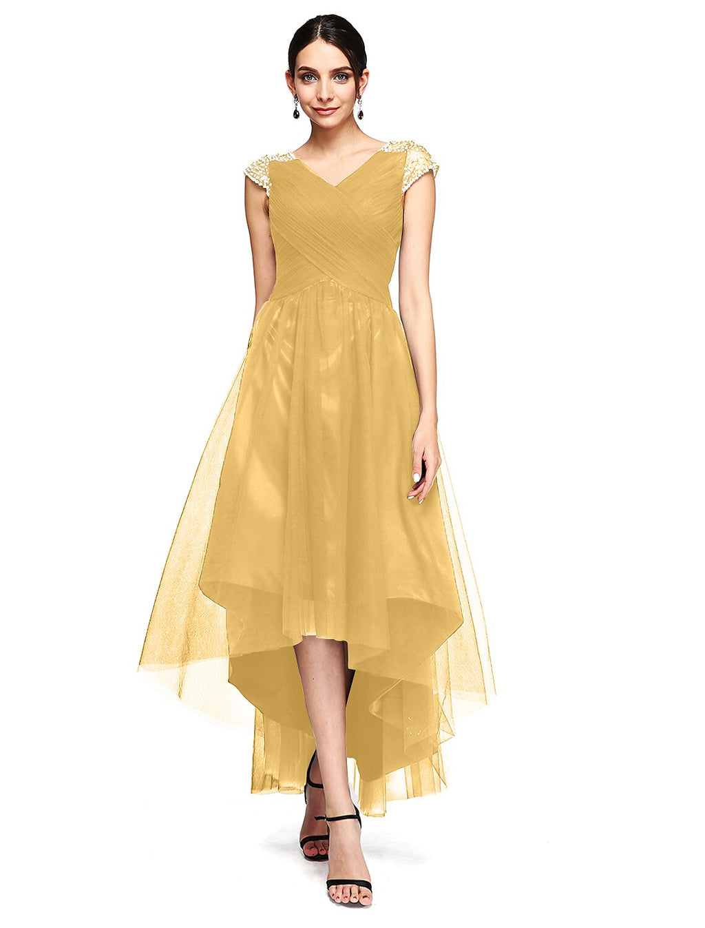 Special Occasion Dresses Open Back Dress Wedding Guest Asymmetrical Short Sleeve V Neck with Criss Cross Beading