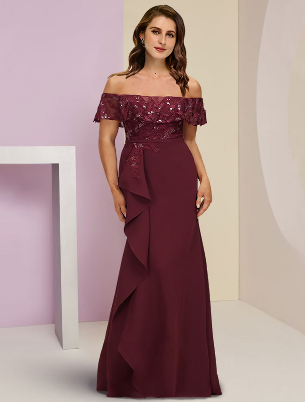 Plus Size Curve Mother of the Bride Dress Wedding Guest Party Elegant Off Shoulder Floor Length Short Sleeve with Ruffles