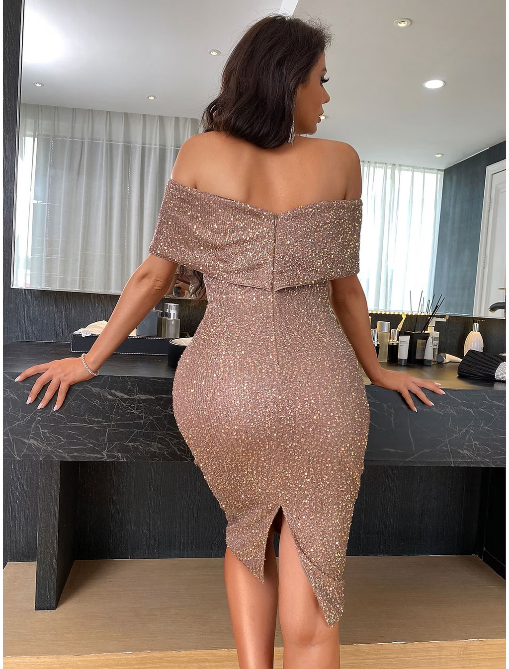 Vintage Dress Homecoming Length Short Sleeve Off Shoulder Backless V Back with Slit