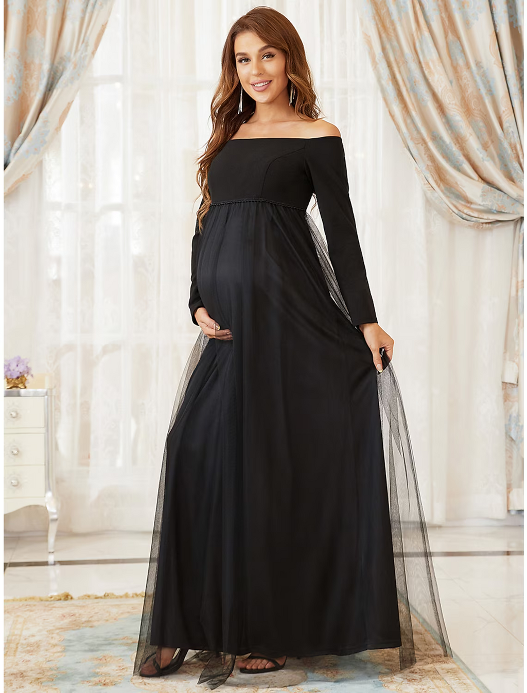 Mother of the Bride Dress Maternity Elegant Off Shoulder Floor Length Long Sleeve with Tier