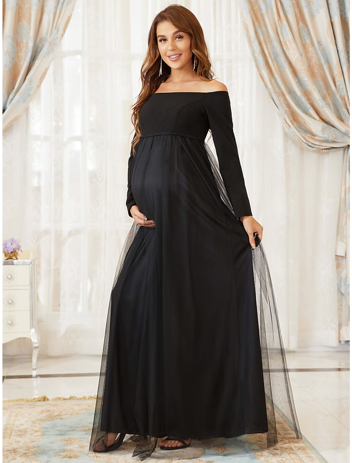 Mother of the Bride Dress Maternity Elegant Off Shoulder Floor Length Long Sleeve with Tier