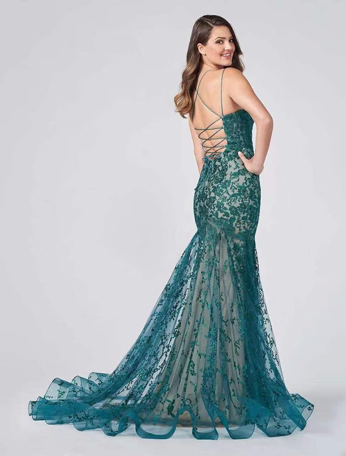 Evening Gown Color Block Dress Formal Court Train Sleeveless Strap Backless with Appliques
