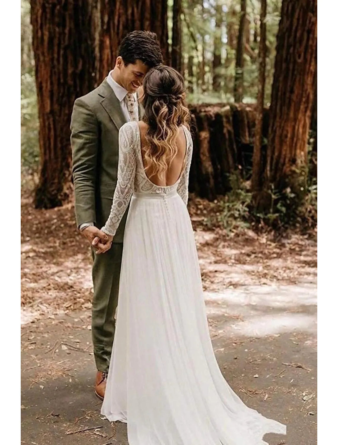 Beach Open Back Wedding Dresses A-Line Long Sleeve With Pleats Appliques