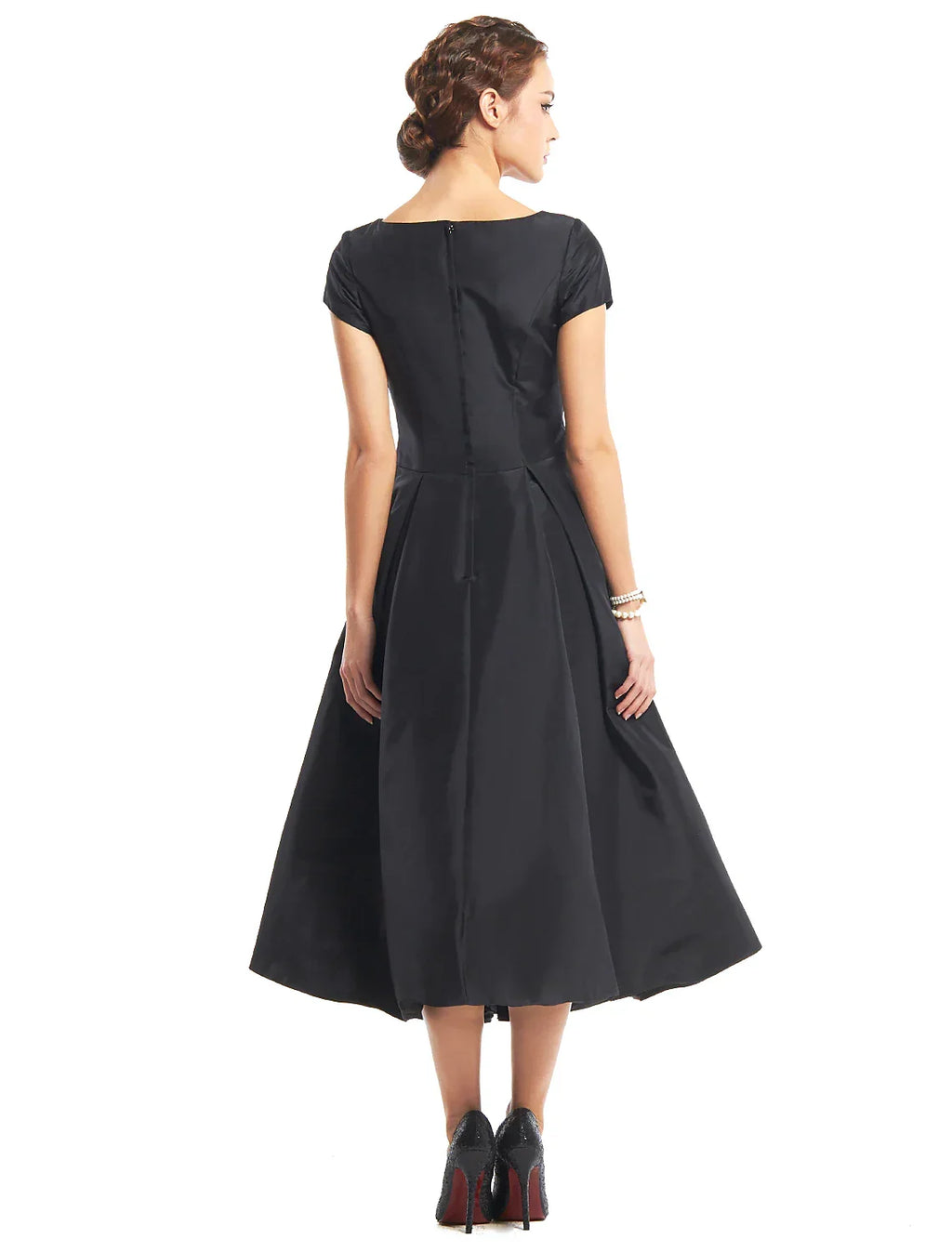 Vintage Dress Homecoming Short Sleeve Boat Neck Taffeta Buttons