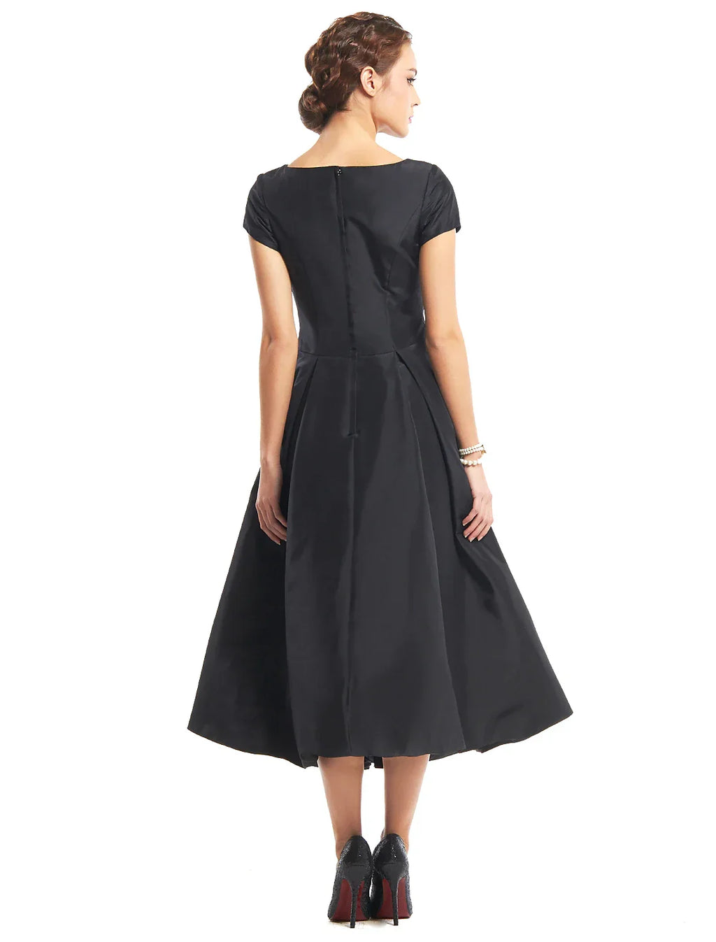 Vintage Dress Homecoming Wedding Guest Tea Length Short Sleeve Boat Neck Taffeta with Buttons