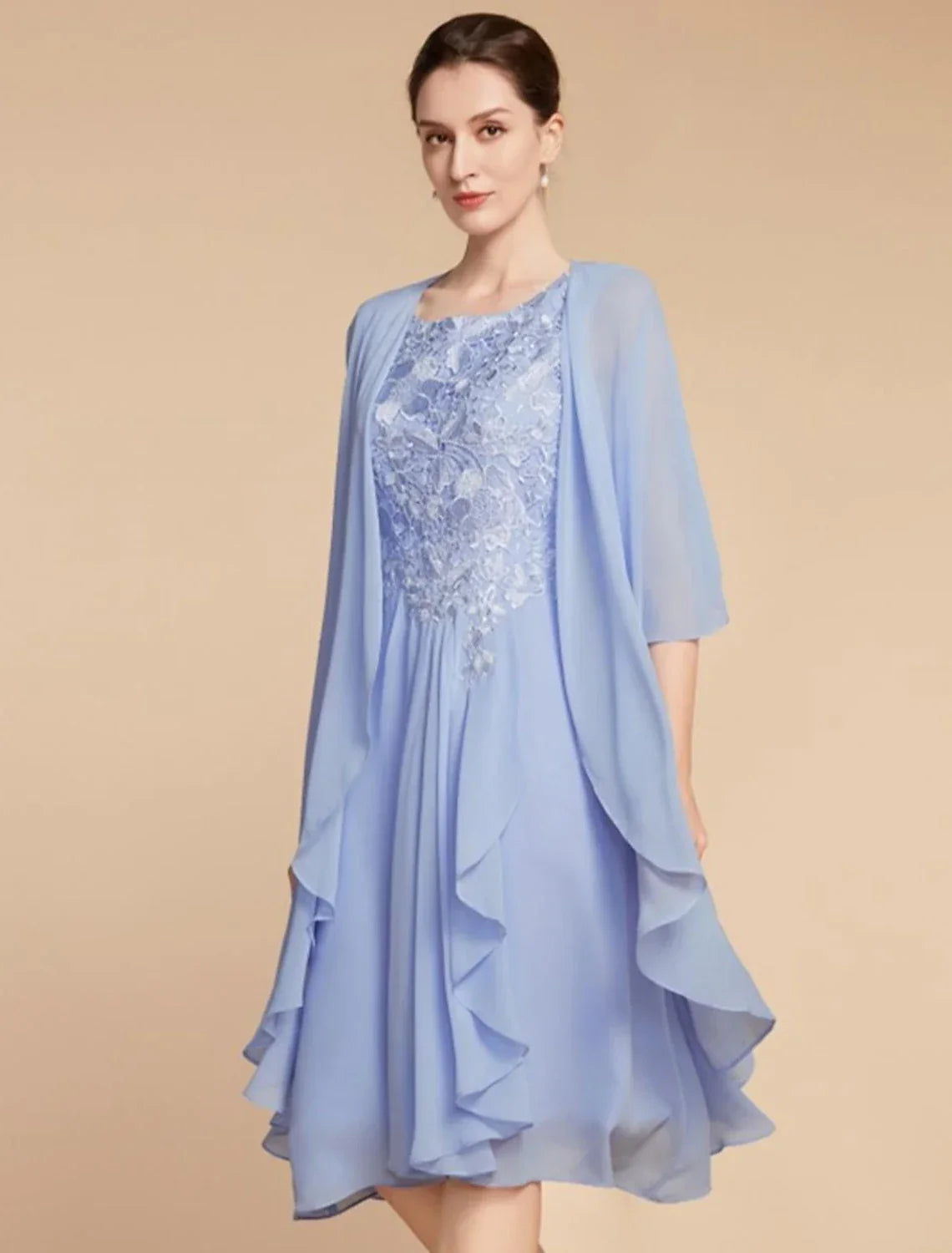 Two Piece Sheath / Column Mother of the Bride Dress Wedding Guest Elegant Petite Scoop Neck Knee Length Half Sleeve with Ruching Solid Color