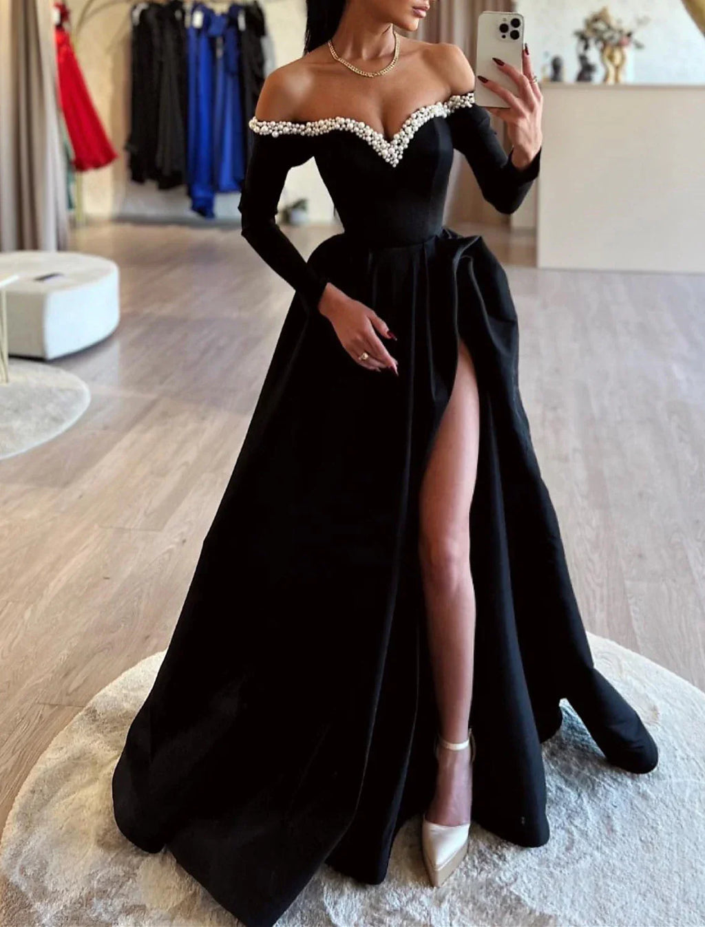 Black Evening Gown Dress Dress Formal Masquerade Sweep / Brush Train Long Sleeve Off Shoulder with Pearls Slit