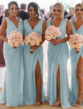 Bridesmaid Dress V Neck Sleeveless Elegant with Pleats Split Front Ruching