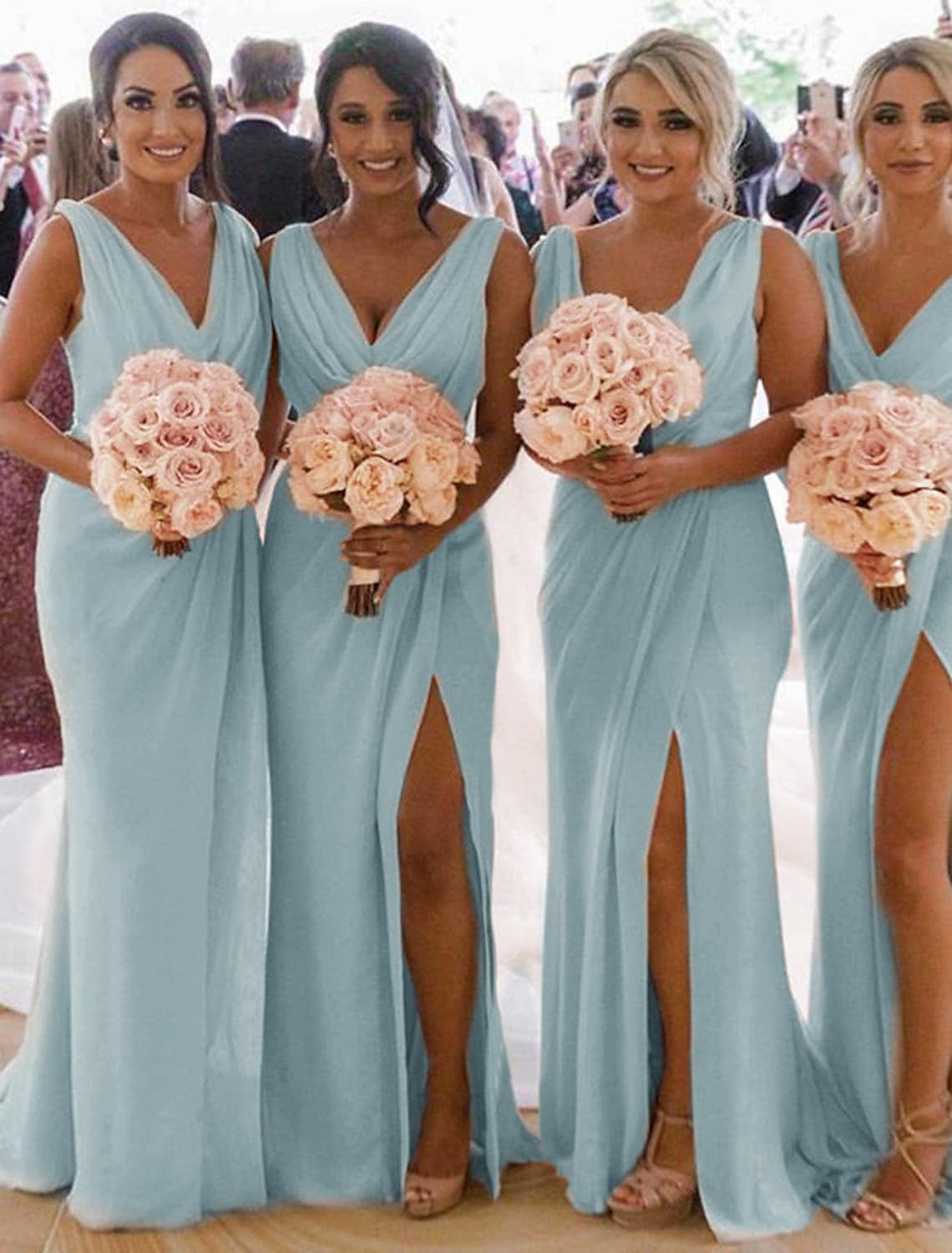 Bridesmaid Dress V Neck Sleeveless Elegant with Pleats Split Front Ruching