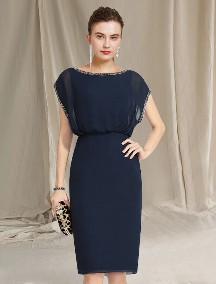 Glamorous sheath bateau dolman sleeve zipback knee mother of the bride dresses