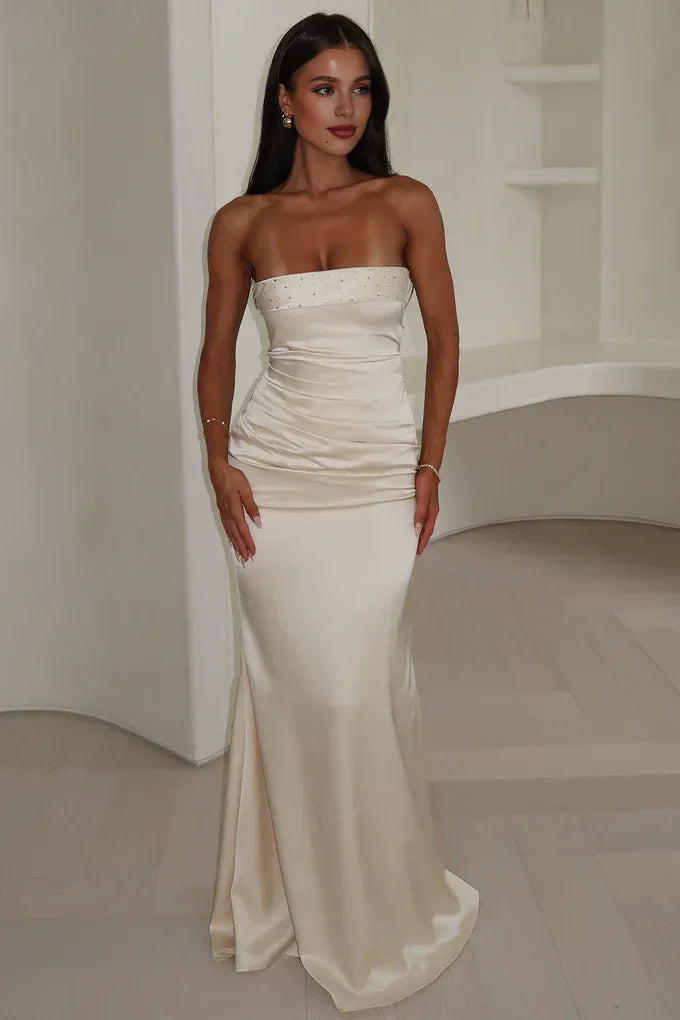 Graceful Stylish Refined Elegant Black Satin Mermaid Strapless Sleeveless Floor-Length Prom Dress