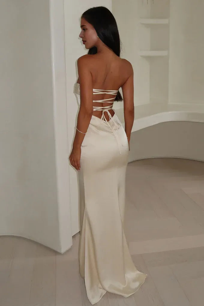 Graceful Stylish Refined Elegant Black Satin Mermaid Strapless Sleeveless Floor-Length Prom Dress
