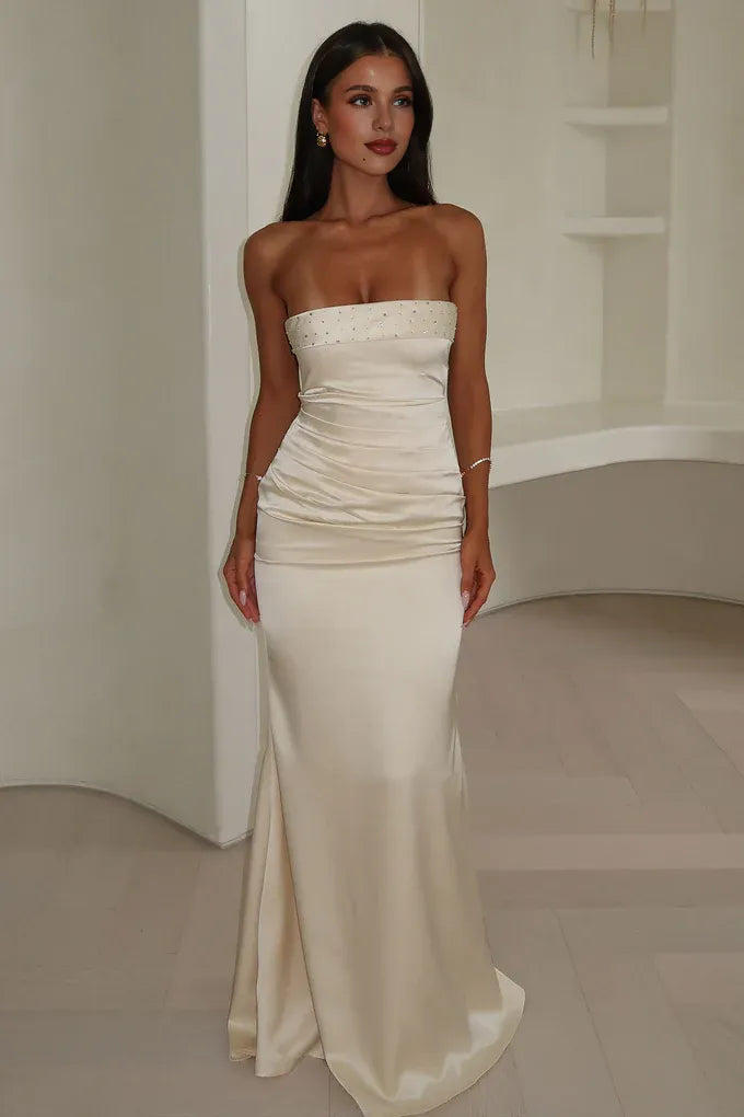 Graceful Stylish Refined Elegant Black Satin Mermaid Strapless Sleeveless Floor-Length Prom Dress
