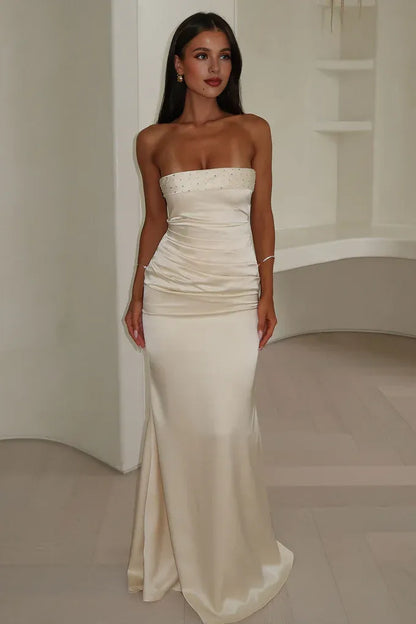 Graceful Stylish Refined Elegant Black Satin Mermaid Strapless Sleeveless Floor-Length Prom Dress