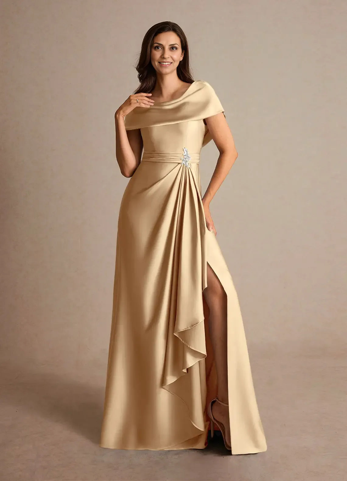 Timeless Chic Elegant Satin A-Line Cowl Pleated Mother of the Bride Dress