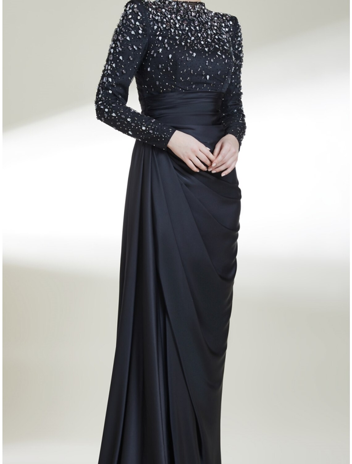 Sheath / Column Mother of the Bride Dress Wedding Guest Elegant High Neck Sweep / Brush Train Long Sleeve with Crystals Ruching Solid Color