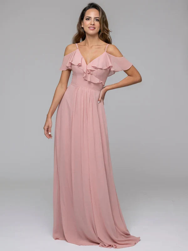 Cold Shoulder Open Back Ruffles Long Bridesmaid Dresses