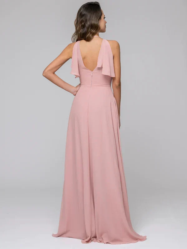 Ruffles V Neck Floor Length Bridesmaid Dresses