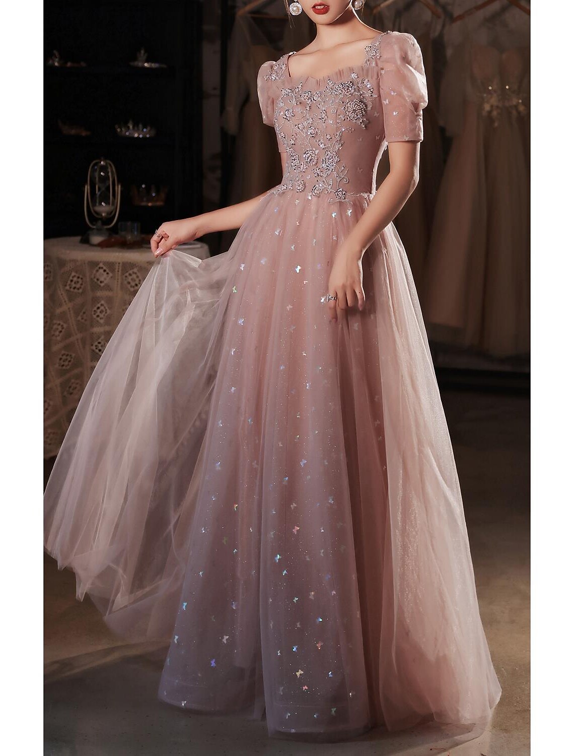 Wedding Guest Prom Floor Length Short Sleeve Sweetheart V Back with Beading Appliques