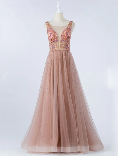 Elegant Red A-Line Classic-Neck Sleeveless Backless Floor-Length Prom Dress