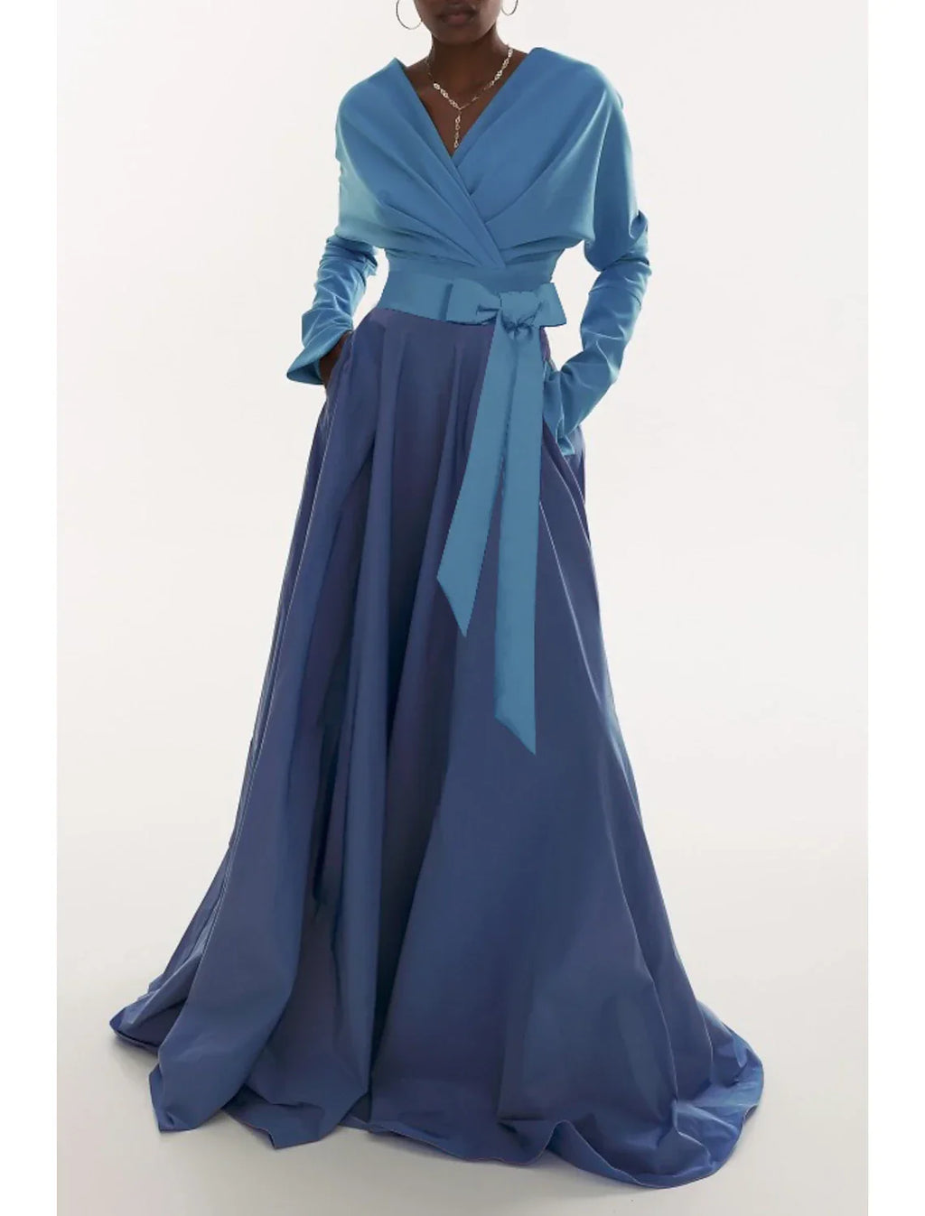 Evening Gown Elegant Dress Formal Fall Sweep / Brush Train Long Sleeve V Neck Fabric with Pleats Ruched