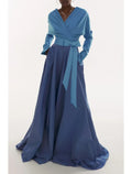 Evening Gown Elegant Dress Formal Fall Sweep / Brush Train Long Sleeve V Neck Fabric with Pleats Ruched
