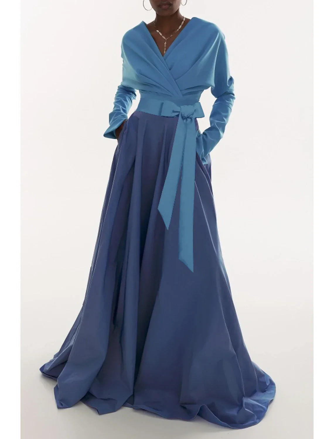 Evening Gown Elegant Dress Formal Fall Sweep / Brush Train Long Sleeve V Neck Fabric with Pleats Ruched