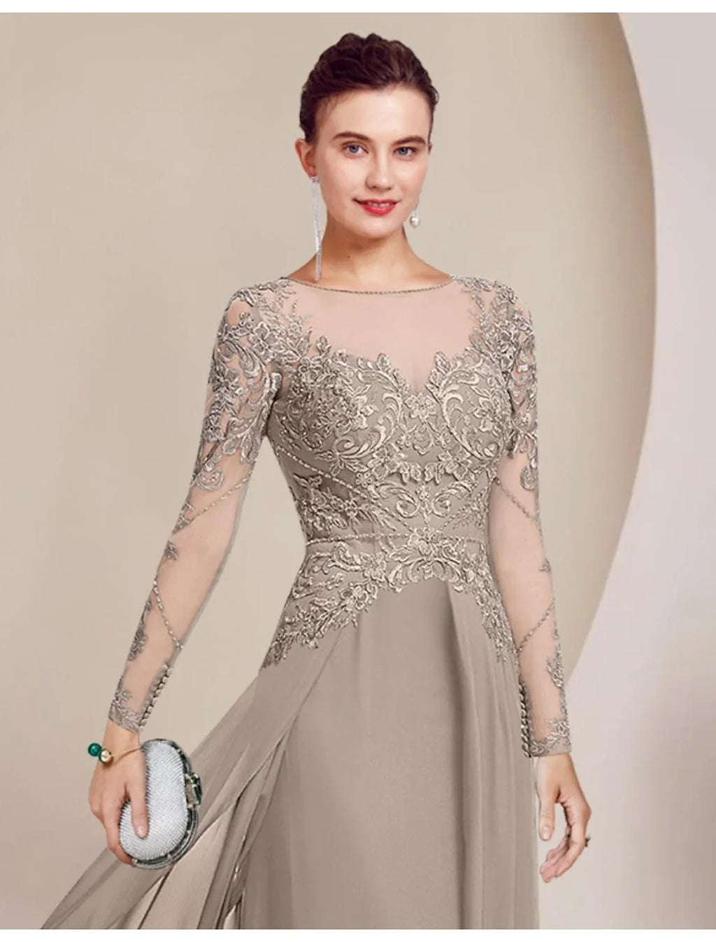 Sheath / Column Mother of the Bride Dress Formal Wedding Guest Elegant Scoop Neck Floor Length Long Sleeve with Beading Appliques