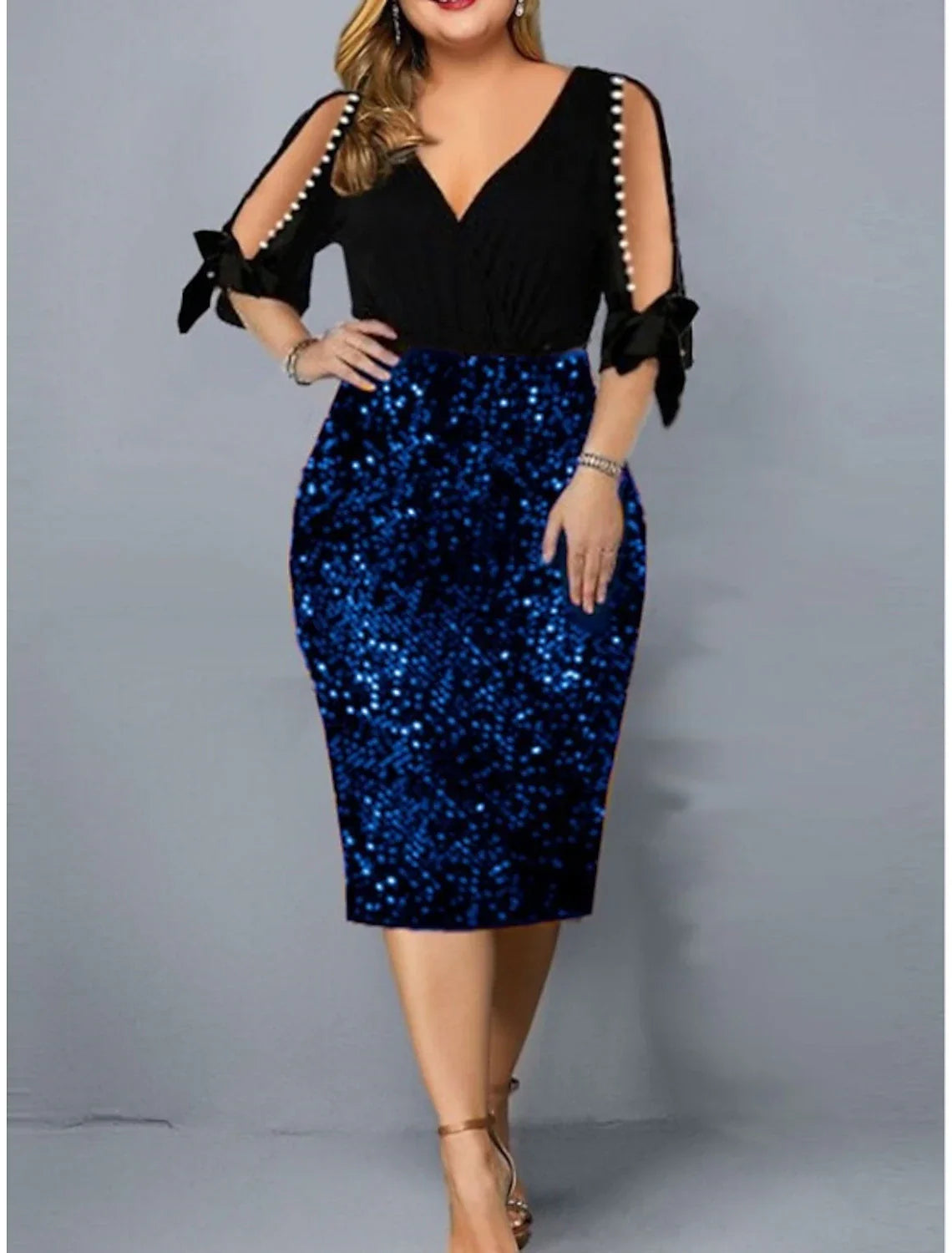 Sheath / Column Party Dresses Sparkle & Shine Dress Party Wear Fall Tea Length Half Sleeve V Neck with Glitter Bow(s)