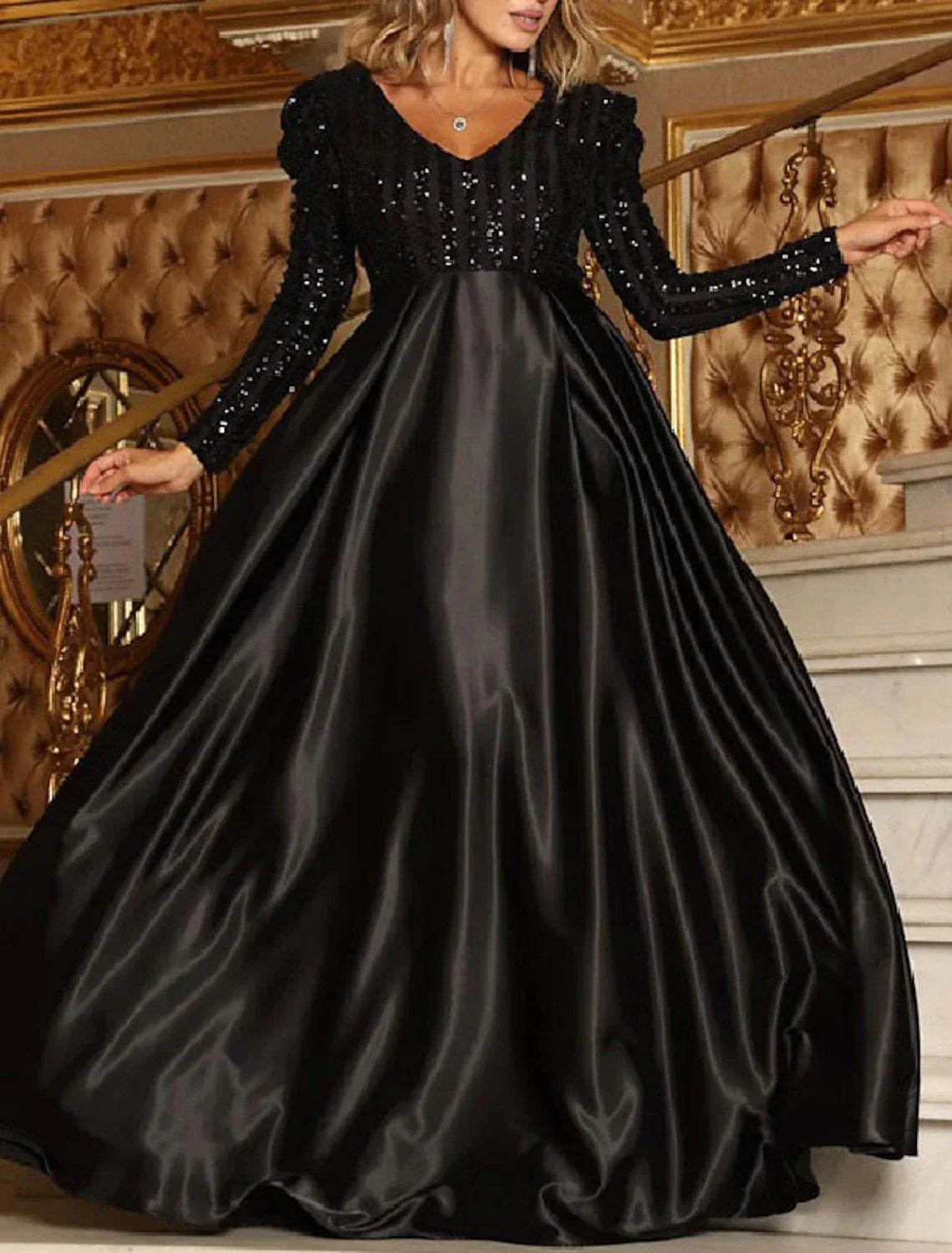 Sparkly Engagement Formal Evening Party Dress V Neck Long Sleeve Court Train