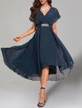 Navy Blue V-Neck Flutter-Sleeve Chiffon High-Low Prom Dress