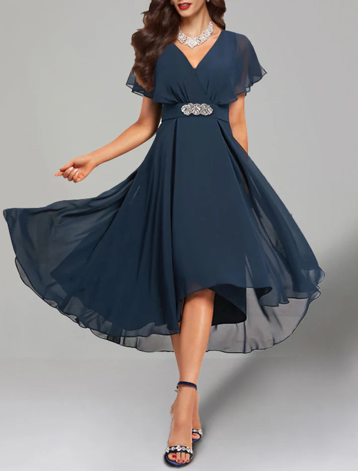 Navy Blue V-Neck Flutter-Sleeve Chiffon High-Low Prom Dress