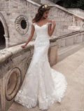 Engagement Open Back Formal Wedding Dresses Short Sleeve Off Shoulder Applique