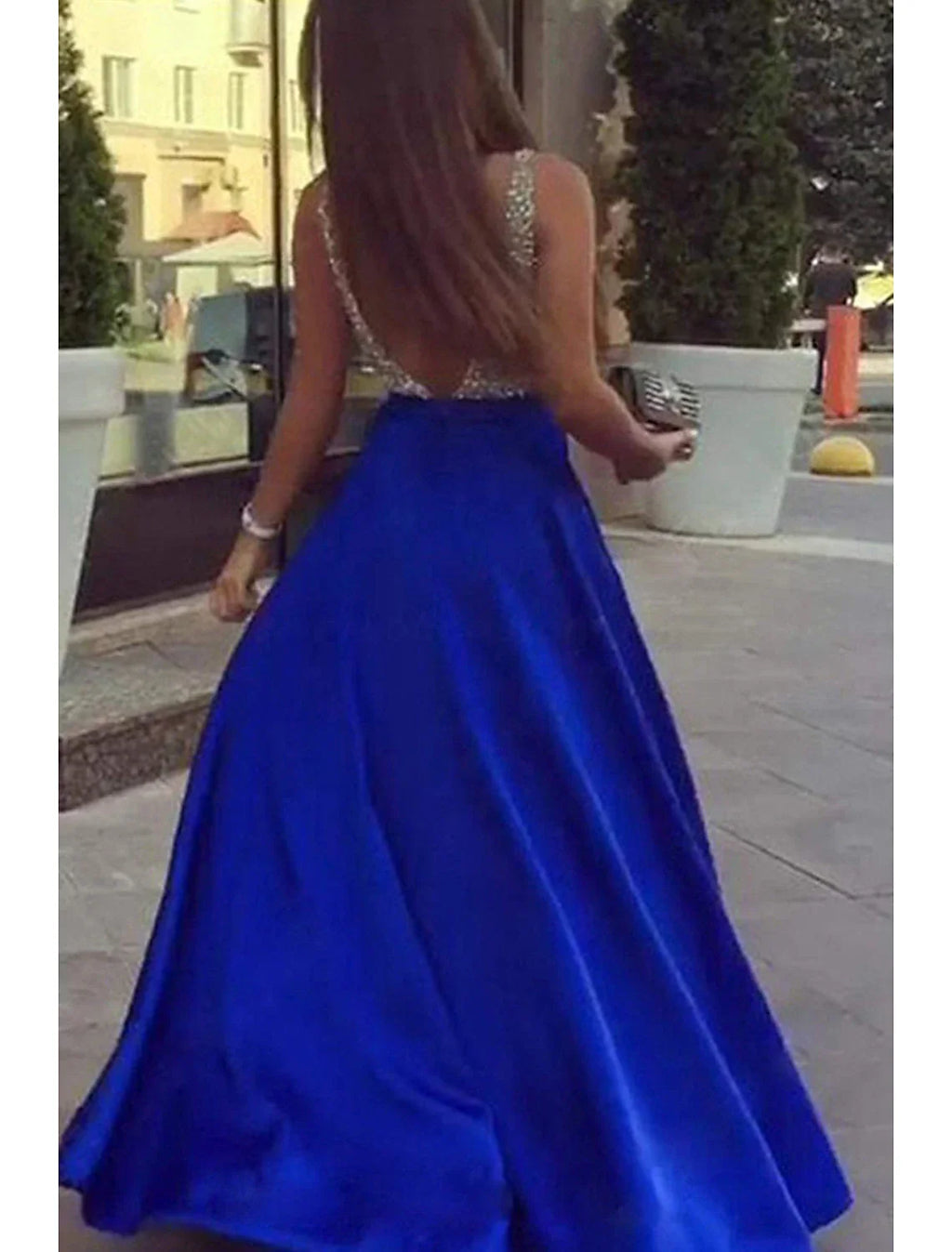 Sparkle & Shine Dress Formal Floor Length Sleeveless V Neck Pocket Backless V Back with Beading Pocket