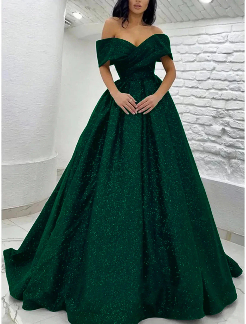 Black Sparkle Champagne Gold Dress Black Tie Carival Sweep / Brush Train Short Sleeve Off Shoulder with Glitter Pleats
