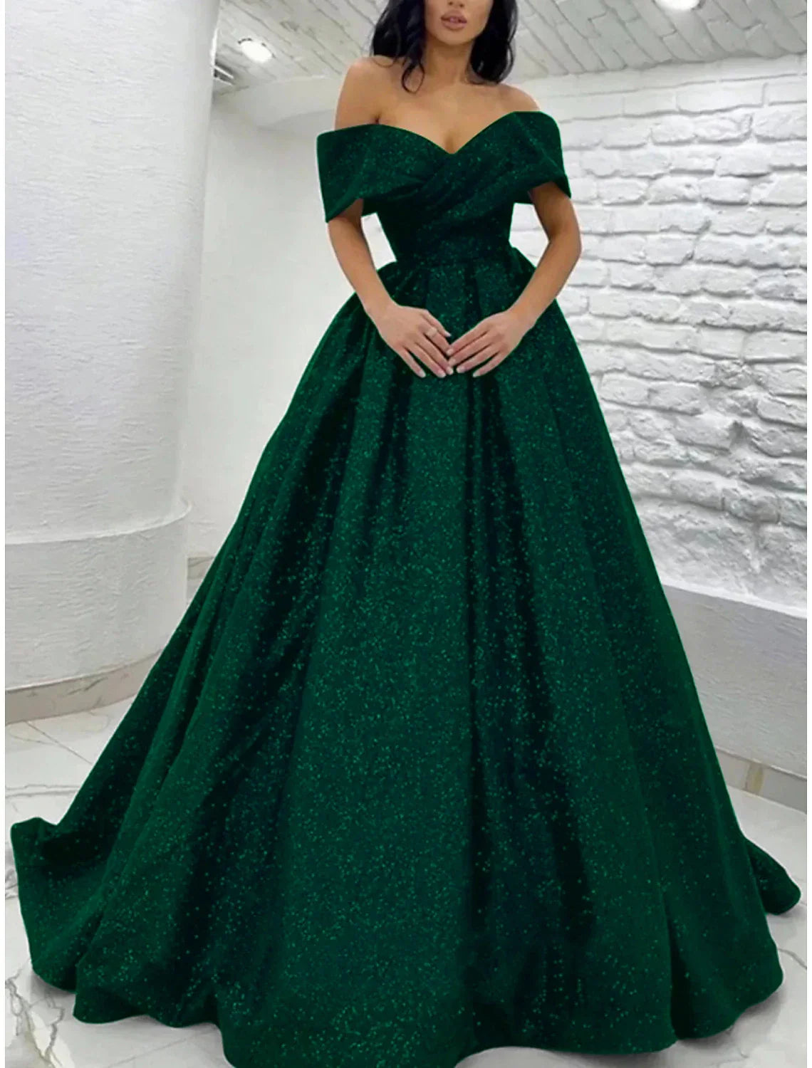 Black Sparkle Champagne Gold Dress Black Tie Carival Sweep / Brush Train Short Sleeve Off Shoulder with Glitter Pleats