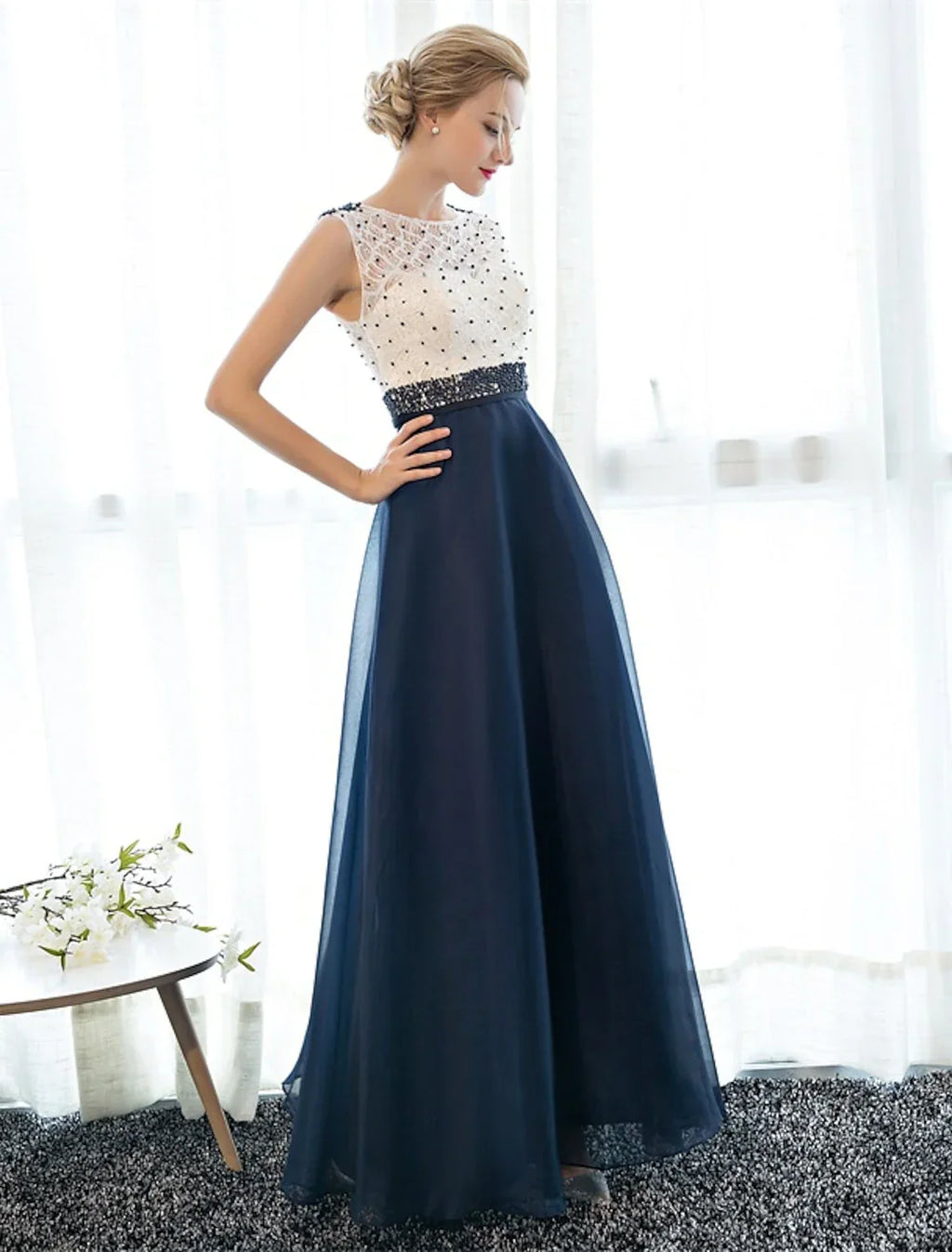 Back Elegant Beaded & Prom Formal Evening Dress Illusion Neck Sleeveless Floor Length Over with Beading
