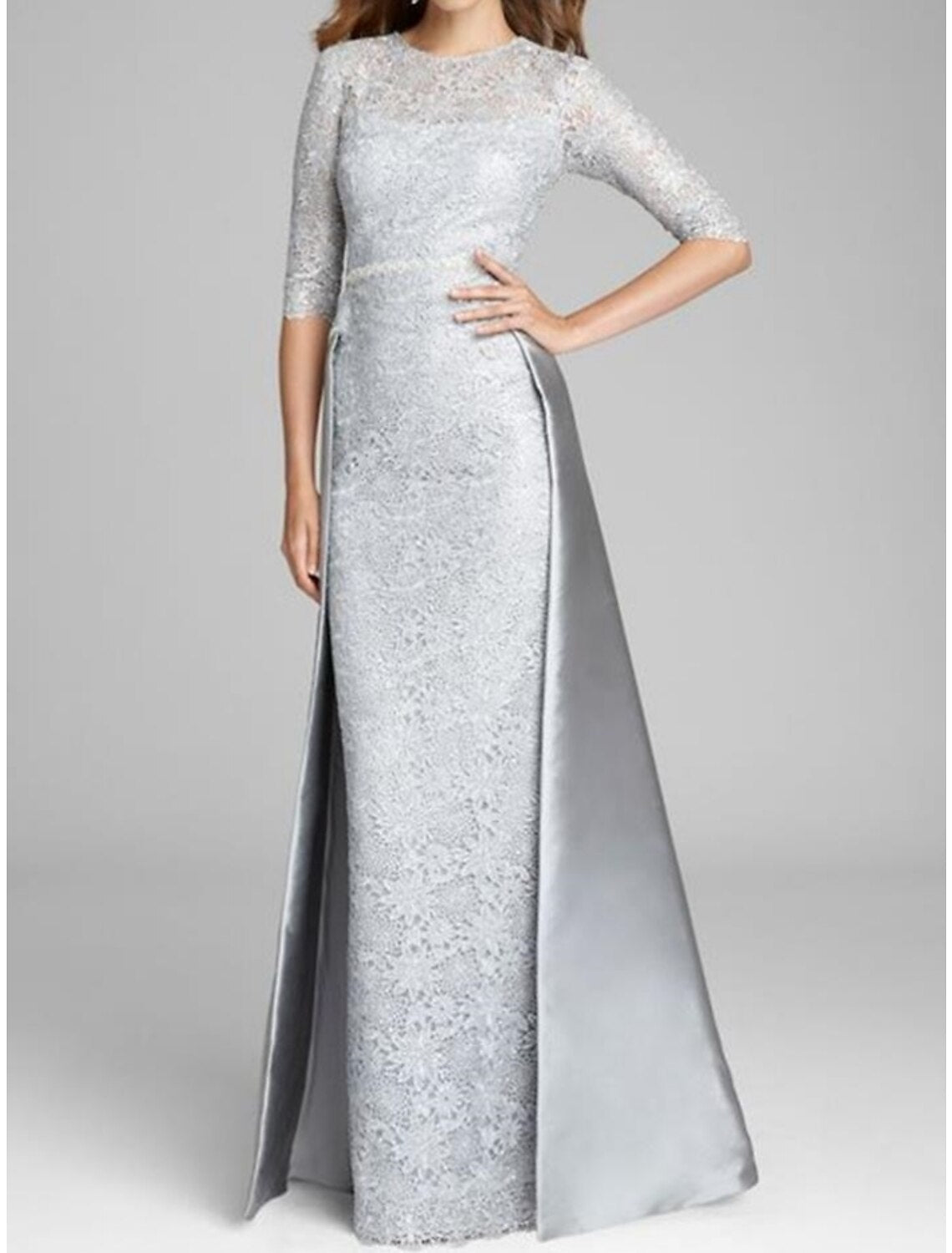 Sheath / Column Mother of the Bride Dress Wedding Guest Elegant Jewel Neck Floor Length Half Sleeve with Ruching Solid Color