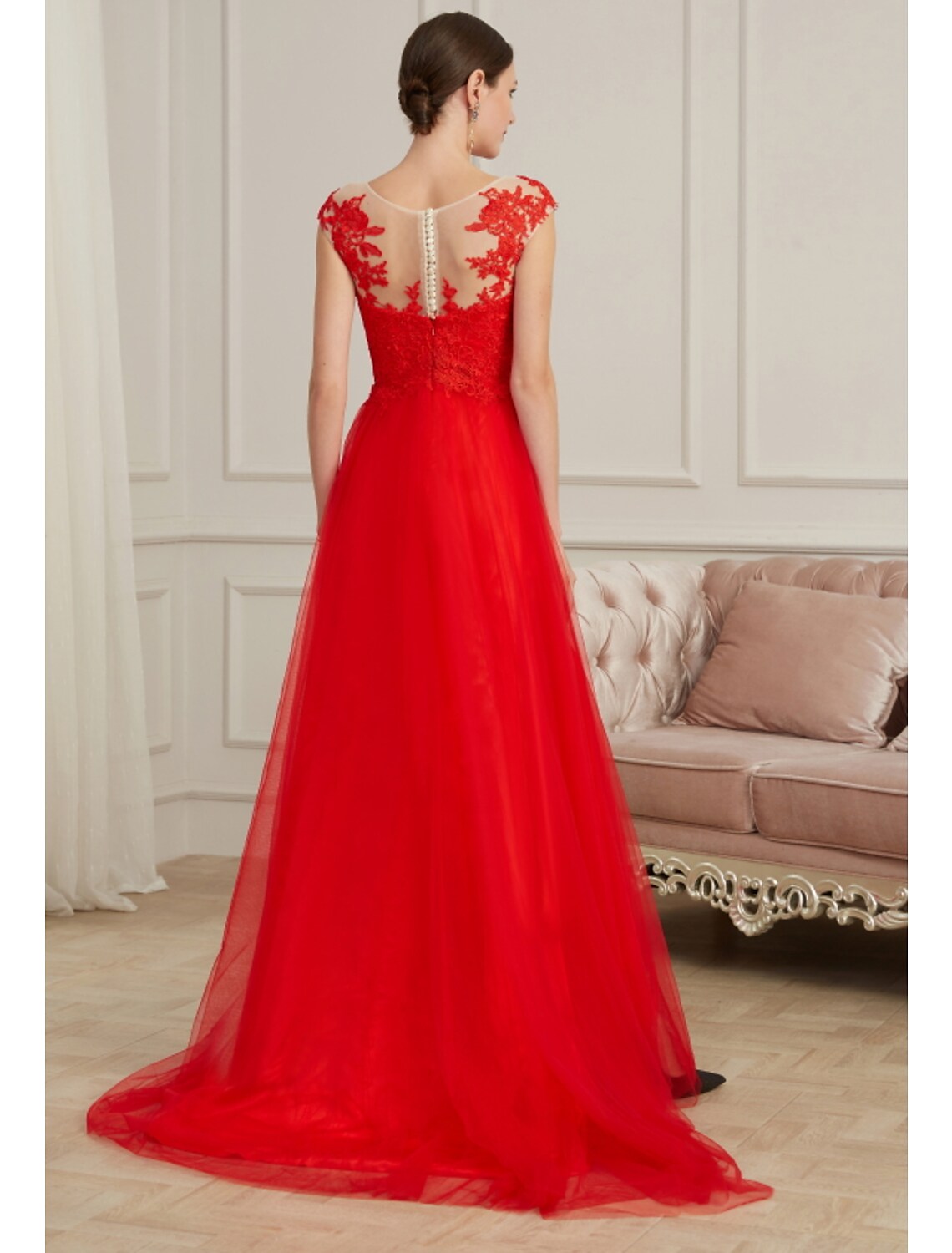 Evening Gown Elegant Dress Engagement Sleeveless Illusion Neck with Slit Appliques
