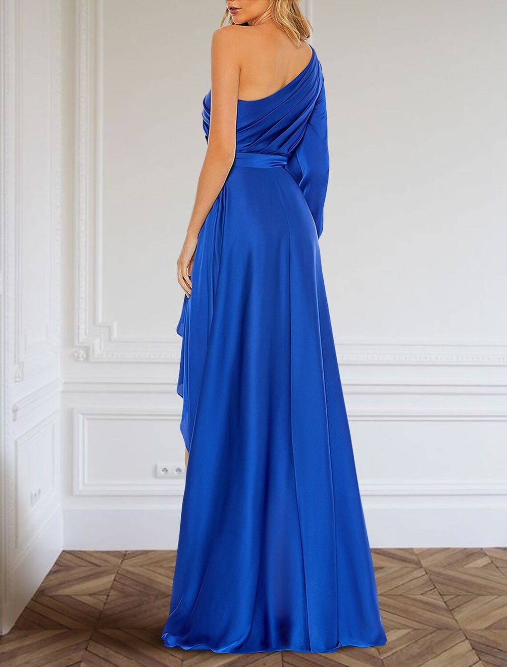 Evening Gown Elegant Dress Formal Asymmetrical Long Sleeve One Shoulder Charmeuse with Ruffles