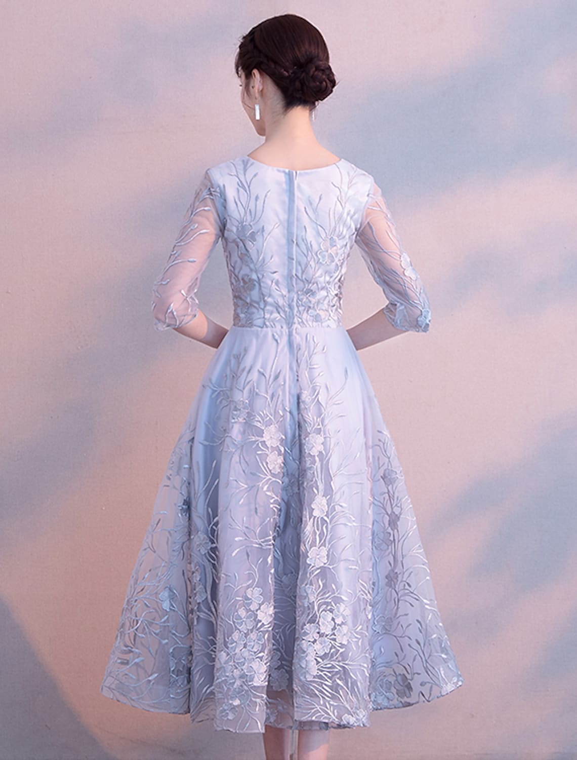 Cocktail Party Prom Dress Jewel Neck Length Sleeve Tea Length with Insert Print Appliques