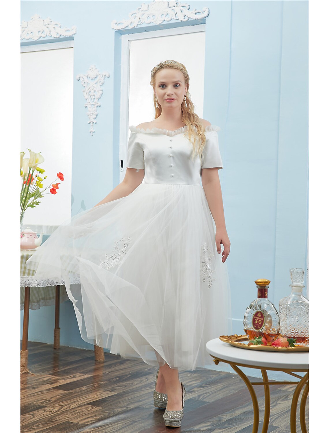 Cocktail Dresses Plus Size Dress hort Sleeve Off Shoulder with Buttons
